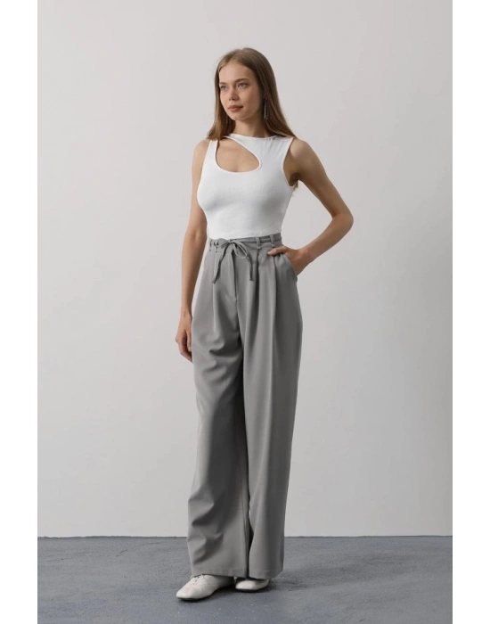 Pileli Bağcıklı Oversize Pantolon  Gri