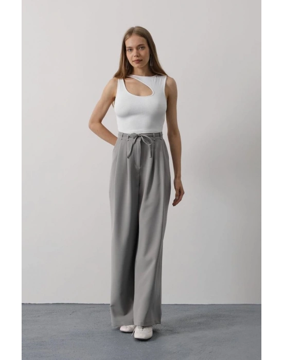 Pileli Bağcıklı Oversize Pantolon  Gri