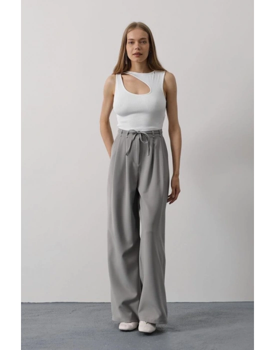Pileli Bağcıklı Oversize Pantolon  Gri