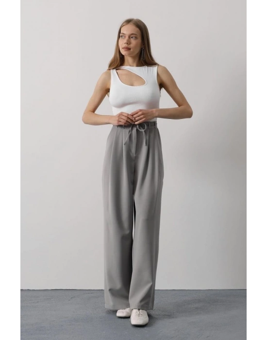 Pileli Bağcıklı Oversize Pantolon  Gri