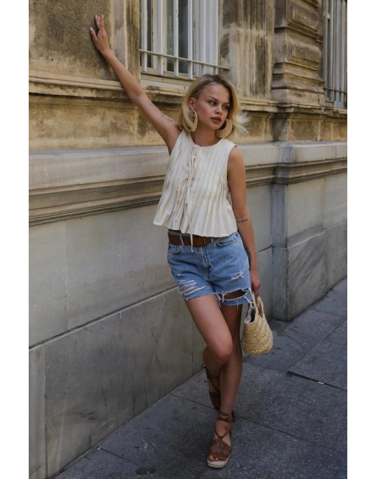 Pileli Bağlamlı Bluz  Natür