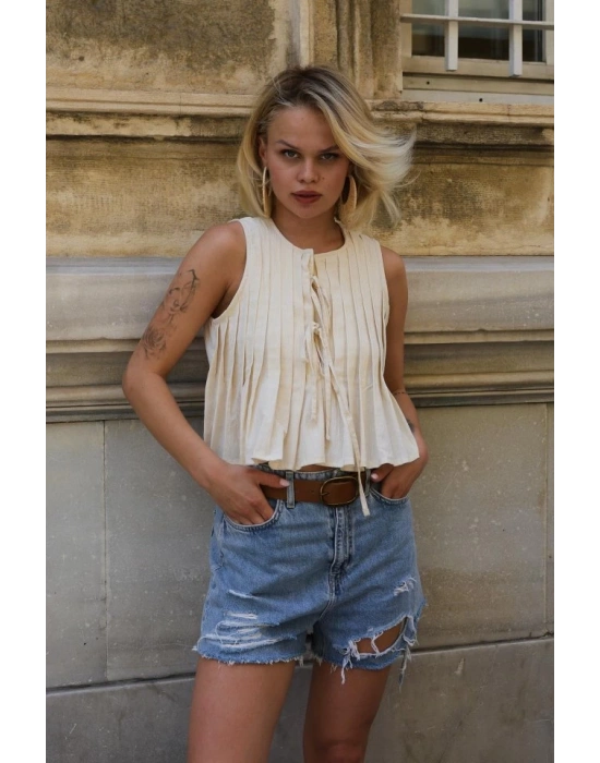 Pileli Bağlamlı Bluz  Natür