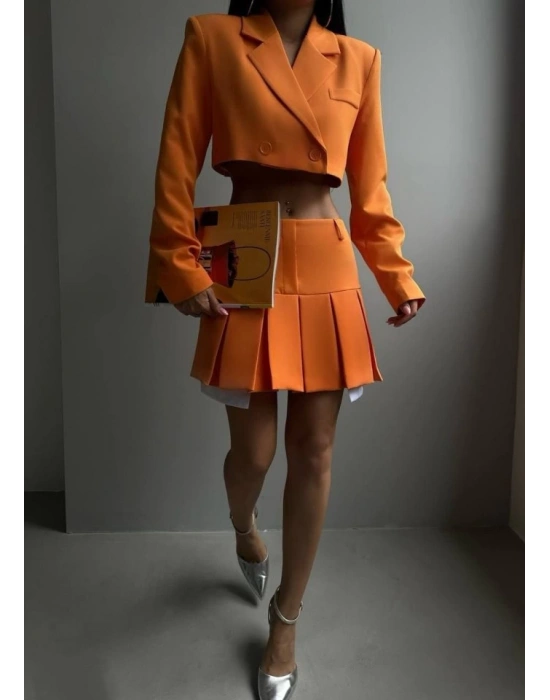 Pileli Etek Crop Ceket Takım