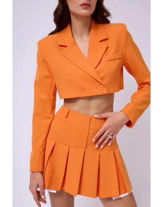 Pileli Etek Crop Ceket Takım