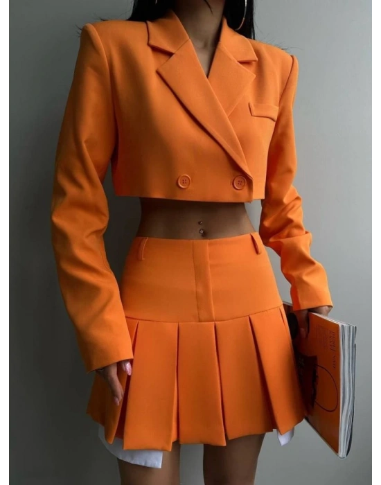 Pileli Etek Crop Ceket Takım