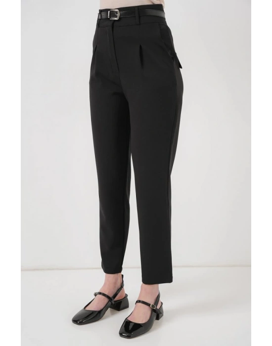 Pileli Kemerli Kumaş Pantolon 6725  Siyah
