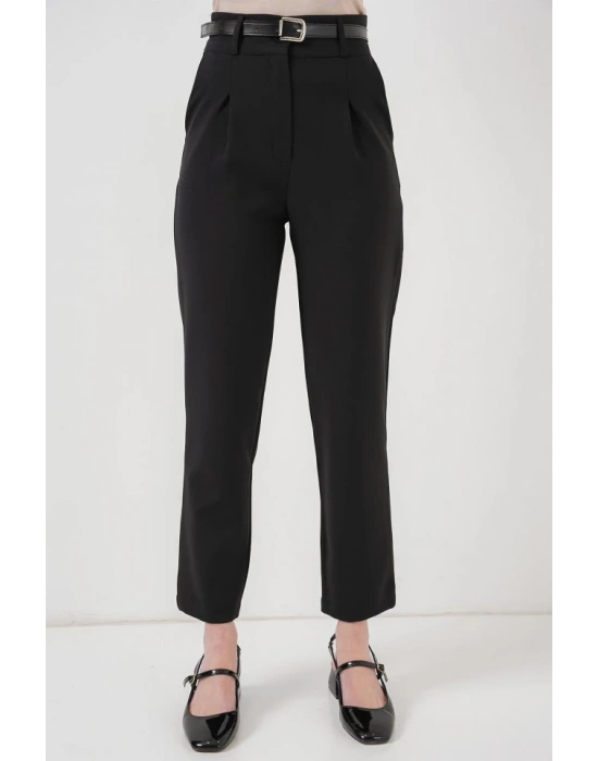 Pileli Kemerli Kumaş Pantolon 6725  Siyah