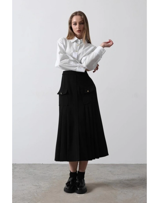 Pileli Kontrast Gömlek Elbise  Beyaz