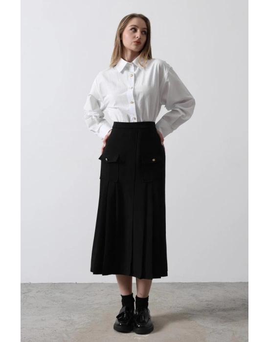 Pileli Kontrast Gömlek Elbise  Beyaz