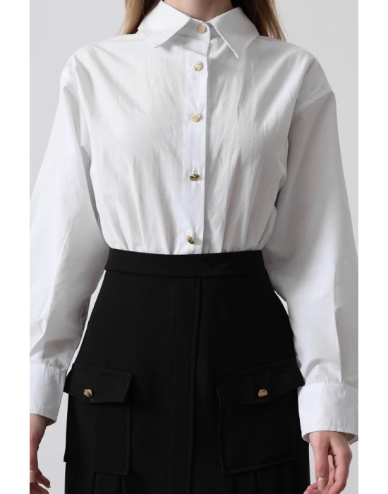 Pileli Kontrast Gömlek Elbise  Beyaz