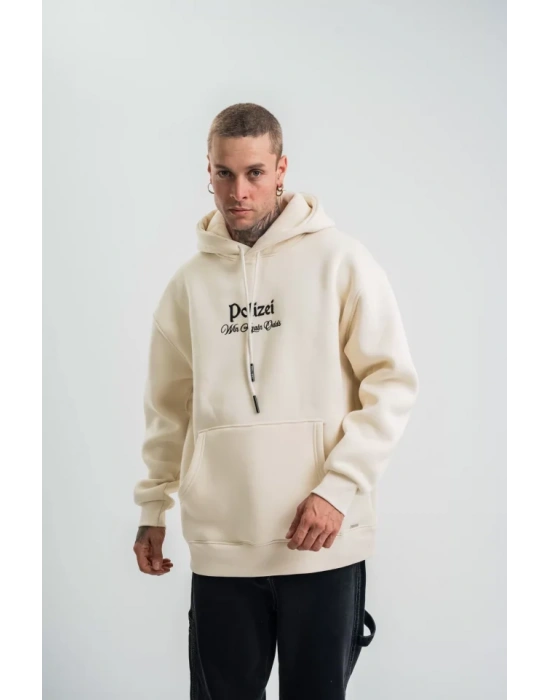 POIZEI Premium Kalite Kapşonlu Dijital Patchli SweatShirt  Krem