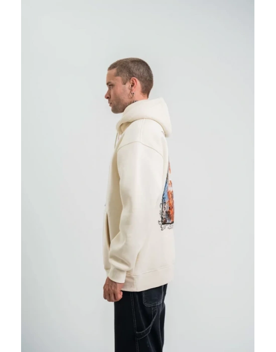 POIZEI Premium Kalite Kapşonlu Dijital Patchli SweatShirt  Krem