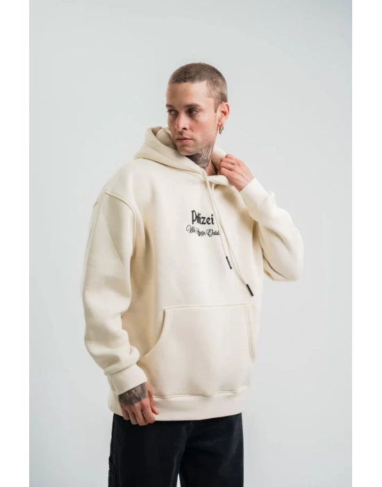POIZEI Premium Kalite Kapşonlu Dijital Patchli SweatShirt  Krem