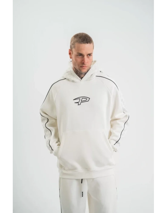 POIZEI Premium Kalite Unisex Kapşonlu Ara Biyeli SweatShirt  Beyaz