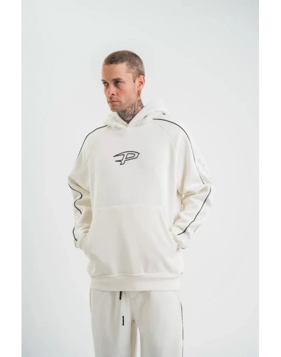 POIZEI Premium Kalite Unisex Kapşonlu Ara Biyeli SweatShirt  Beyaz