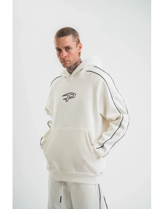 POIZEI Premium Kalite Unisex Kapşonlu Ara Biyeli SweatShirt  Beyaz