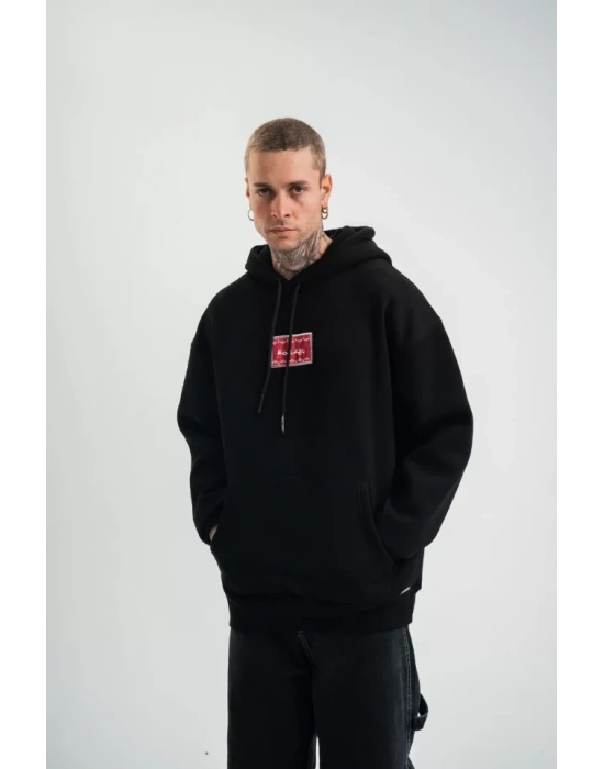 POIZEI Premium Kalite Unisex Kapşonlu Dijital Patchli SweatShirt  Siyah