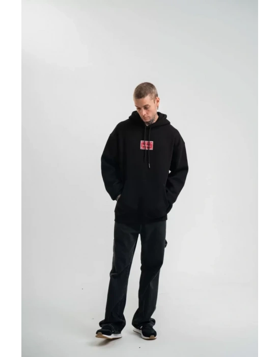 POIZEI Premium Kalite Unisex Kapşonlu Dijital Patchli SweatShirt  Siyah