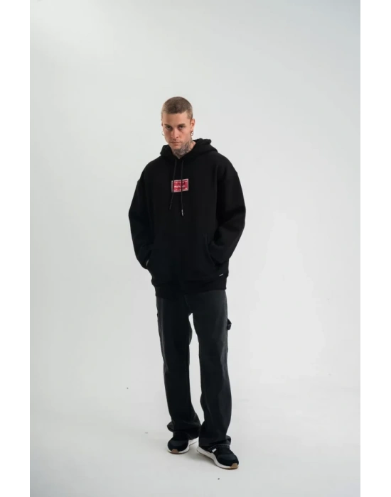 POIZEI Premium Kalite Unisex Kapşonlu Dijital Patchli SweatShirt  Siyah