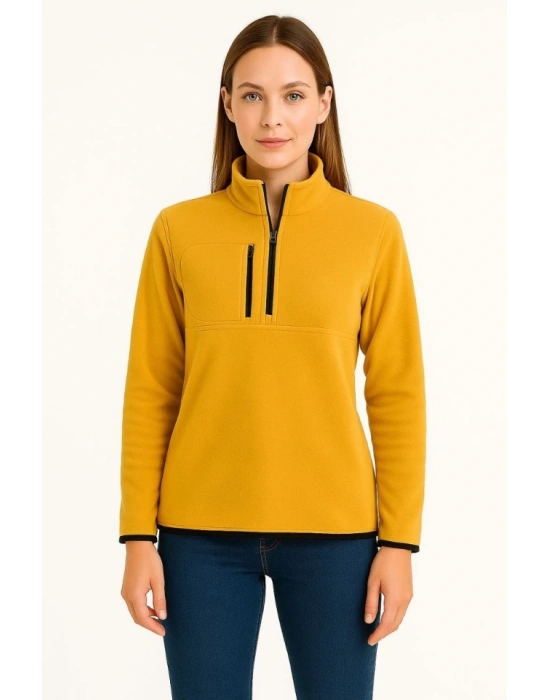 Polar Kazak – Dik Yaka, Yarım Fermuarlı, Fermuarlı Göğüs Cepli, iyah Biyeli, Kışlık Rahat Regular Fit Günlük odel  arı