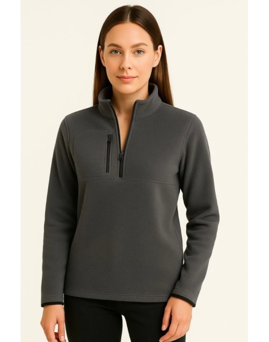 Polar Kazak – Dik Yaka, Yarım Fermuarlı, Fermuarlı Göğüs Cepli, iyah Biyeli, Kışlık Rahat Regular Fit Günlük odel  Füme