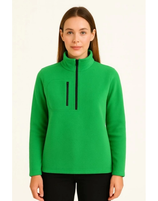 Polar Kazak – Dik Yaka, Yarım Fermuarlı, Fermuarlı Göğüs Cepli, iyah Biyeli, Kışlık Rahat Regular Fit Günlük odel  Yeşil