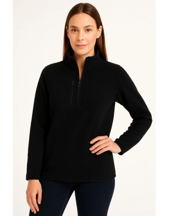 Polar Kazak – Dik Yaka, Yarım Fermuarlı, Fermuarlı Göğüs Cepli, iyah Biyeli, Kışlık Rahat Regular Fit Günlük odel  iyah