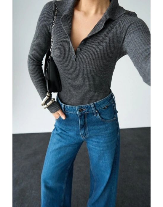 Polo Yaka 6 Düğmeli Kazak  Antrasit