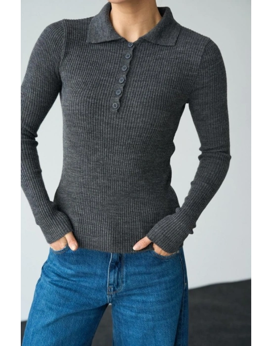 Polo Yaka 6 Düğmeli Kazak  Antrasit