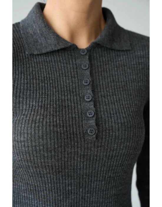 Polo Yaka 6 Düğmeli Kazak  Antrasit