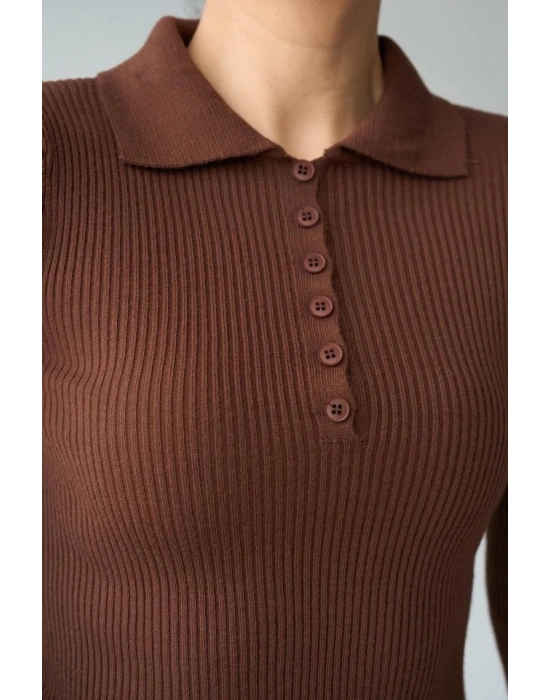 Polo Yaka 6 Düğmeli Kazak  KAHVE