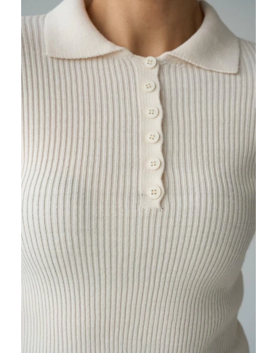 Polo Yaka 6 Düğmeli Kazak  Krem
