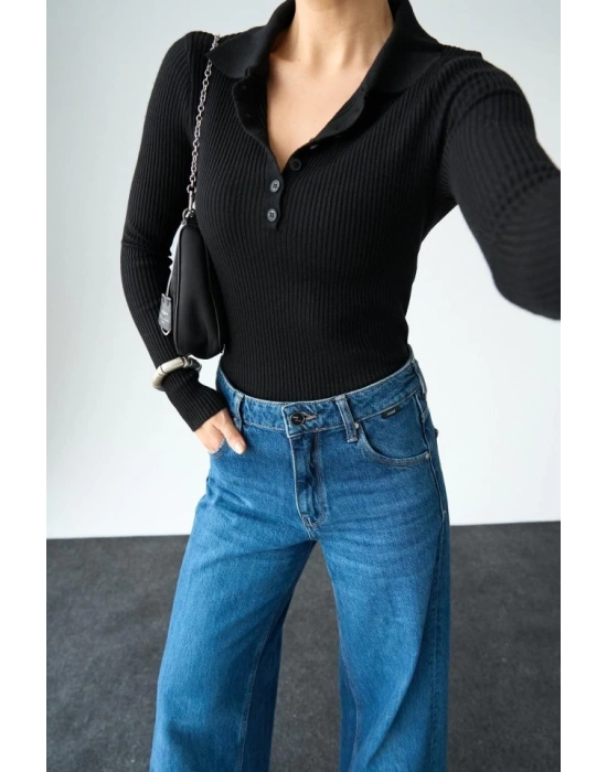 Polo Yaka 6 Düğmeli Kazak  Siyah