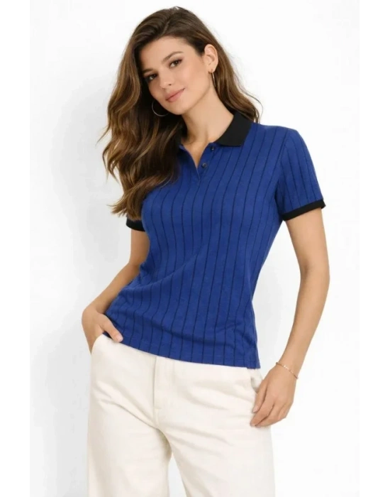 Polo Yaka Çizgili Tişört Kısa Kol Düğmeli Yazlık Thirt  aks avisi