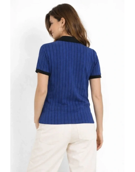 Polo Yaka Çizgili Tişört Kısa Kol Düğmeli Yazlık Thirt  aks avisi