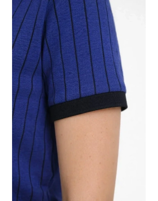 Polo Yaka Çizgili Tişört Kısa Kol Düğmeli Yazlık Thirt  aks avisi