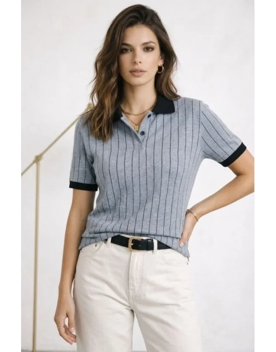 Polo Yaka Çizgili Tişört Kısa Kol Düğmeli Yazlık Thirt  Bebek avisi