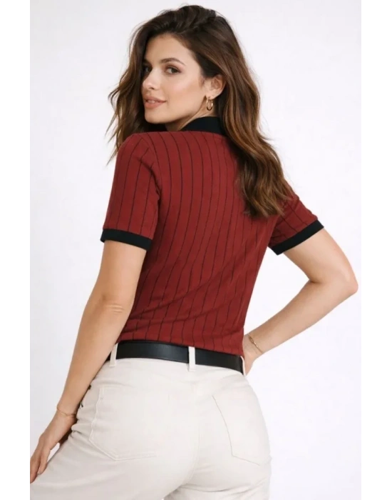 Polo Yaka Çizgili Tişört Kısa Kol Düğmeli Yazlık Thirt  Bordo