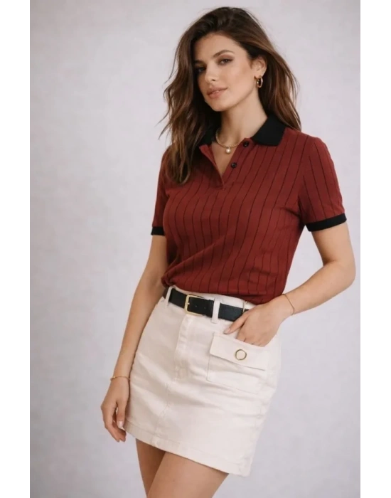 Polo Yaka Çizgili Tişört Kısa Kol Düğmeli Yazlık Thirt  Bordo