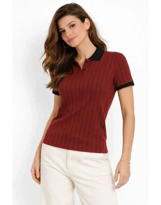 Polo Yaka Çizgili Tişört Kısa Kol Düğmeli Yazlık Thirt  Bordo