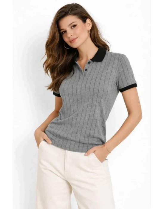 Polo Yaka Çizgili Tişört Kısa Kol Düğmeli Yazlık Thirt  Gri