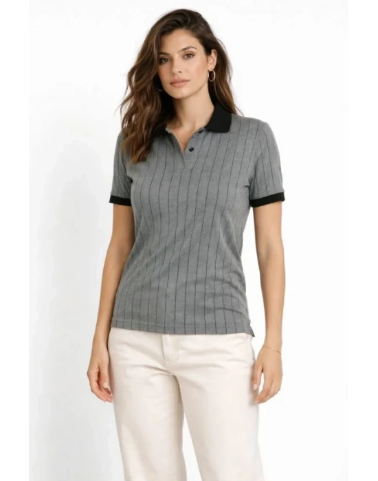 Polo Yaka Çizgili Tişört Kısa Kol Düğmeli Yazlık Thirt  Gri