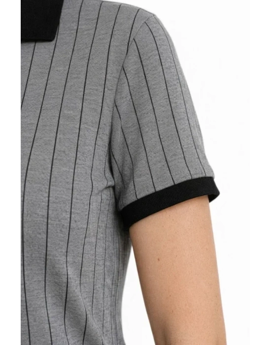 Polo Yaka Çizgili Tişört Kısa Kol Düğmeli Yazlık Thirt  Gri