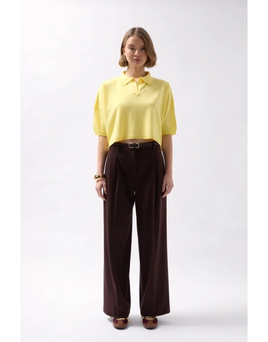 Polo Yaka Crop Dokulu Bluz