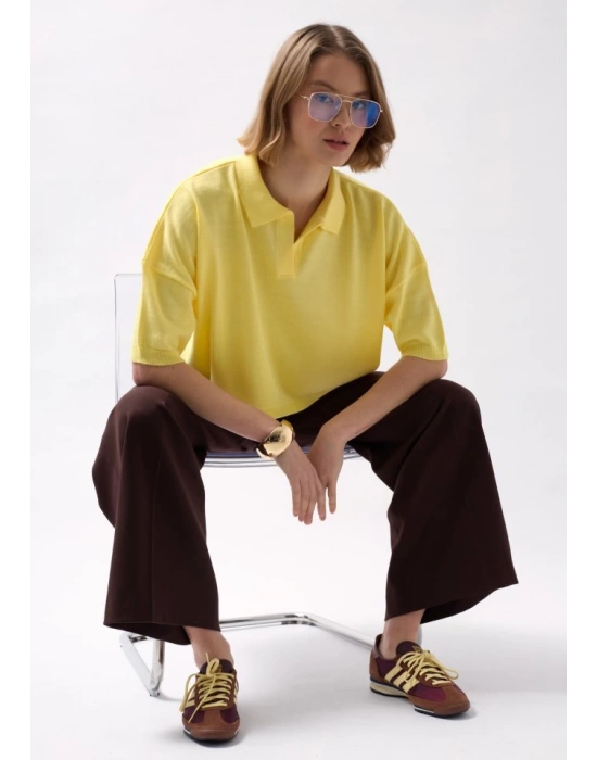 Polo Yaka Crop Dokulu Bluz