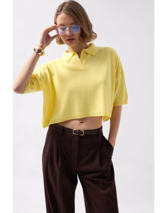 Polo Yaka Crop Dokulu Bluz