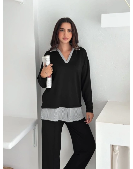 Polo Yaka Gömlek Detay alaş Balon Pantolunlu ıkılı Takım