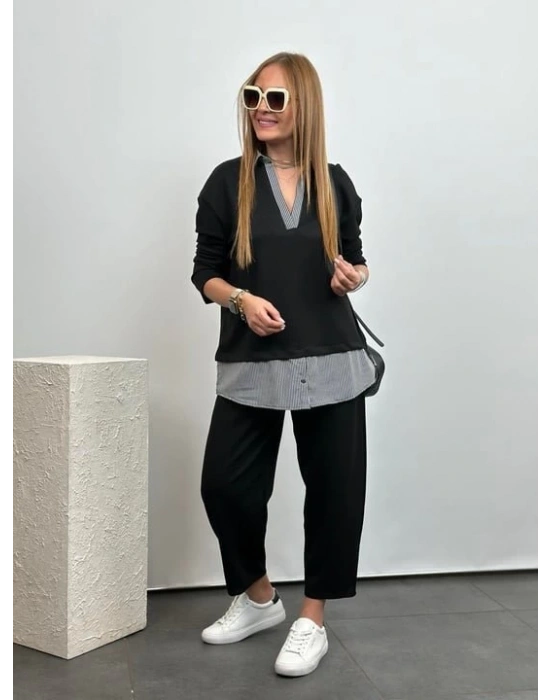 Polo Yaka Gömlek Detay alaş Balon Pantolunlu ıkılı Takım