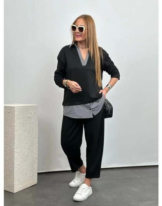 Polo Yaka Gömlek Detay alaş Balon Pantolunlu ıkılı Takım