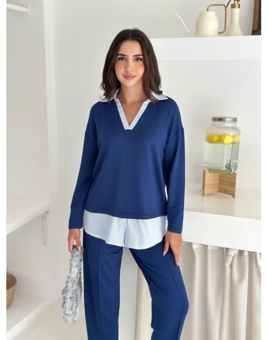 Polo Yaka Gömlekl Detay Salaş Balon Pantolunlu ıkılı Takım